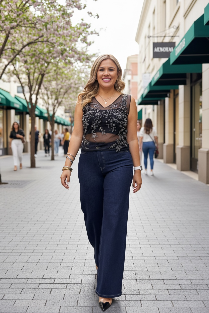 Blusa Negra de Mesh de Tirantes con Aplicaciones